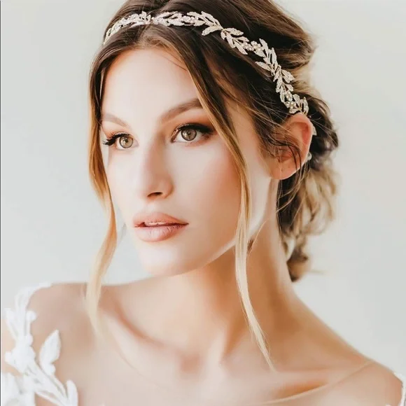 Bridal Headpiece leaf gold rhinestone hair band bride wedding bridesmaid leaves - Picture 2 of 8